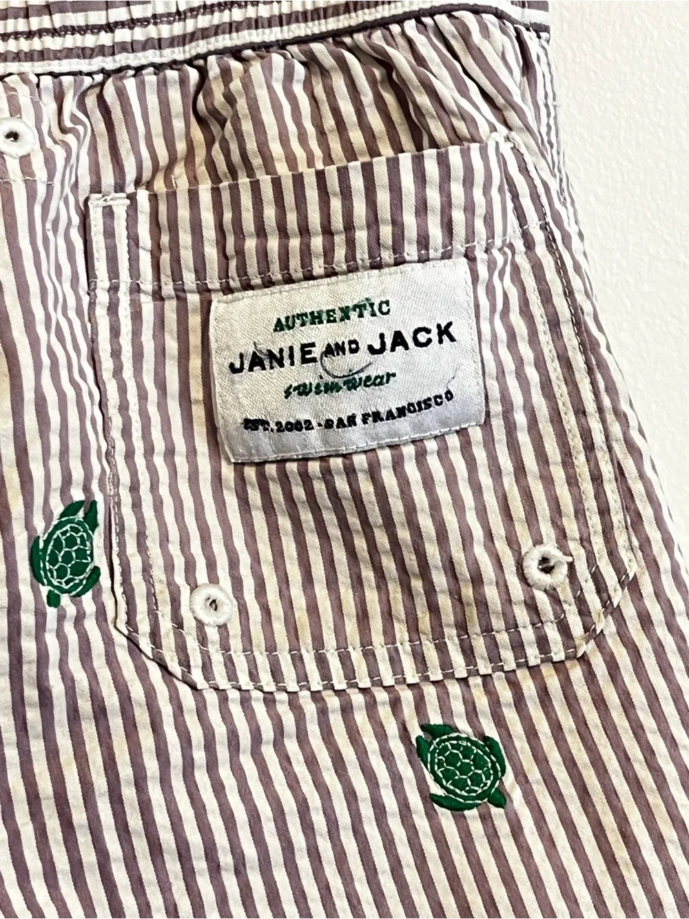 Janie and Jack Seersucker Turtle Bathing Suit Embroidered Swim Trunks Lined Boys